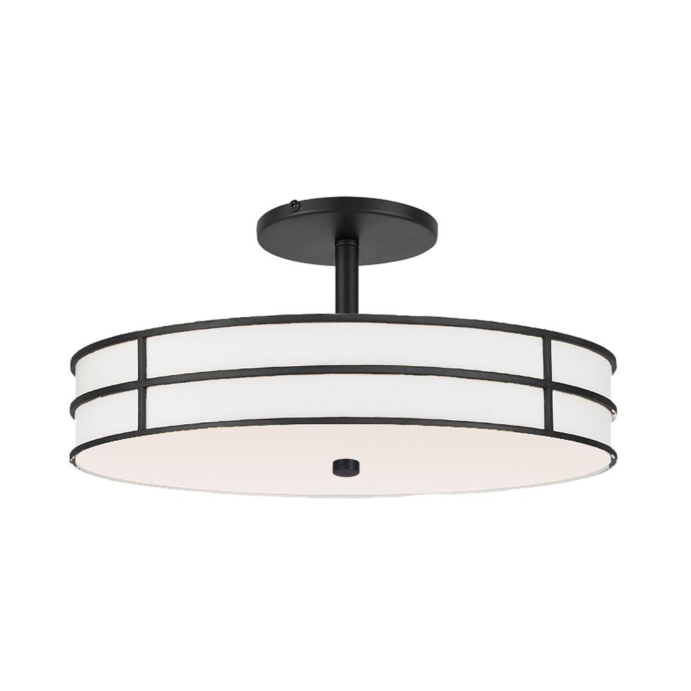 2 Light Semi-Flush in Matte Black w/ White Fabric Shade